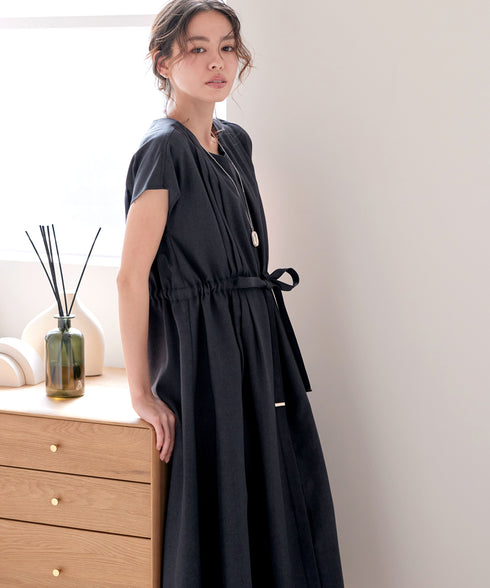 麻調前開きフレンチワンピース