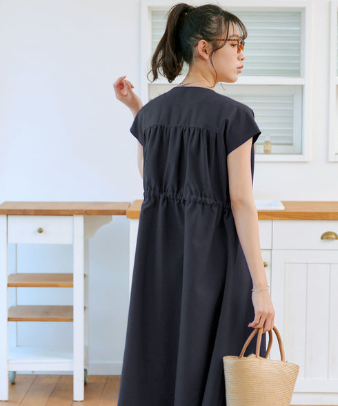 麻調前開きフレンチワンピース