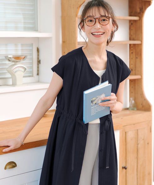 麻調前開きフレンチワンピース