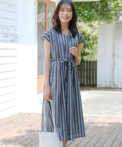 麻調前開きフレンチワンピース