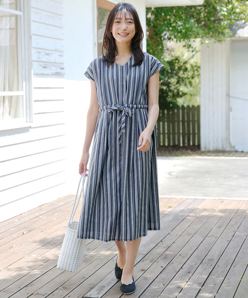 麻調前開きフレンチワンピース