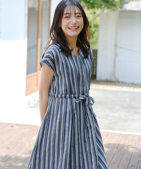 麻調前開きフレンチワンピース