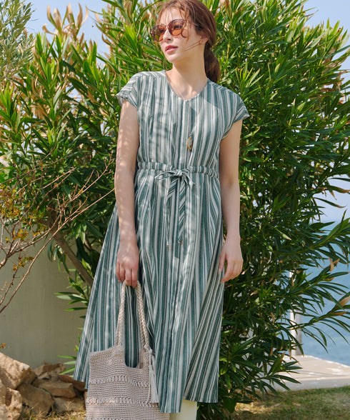 麻調前開きフレンチワンピース