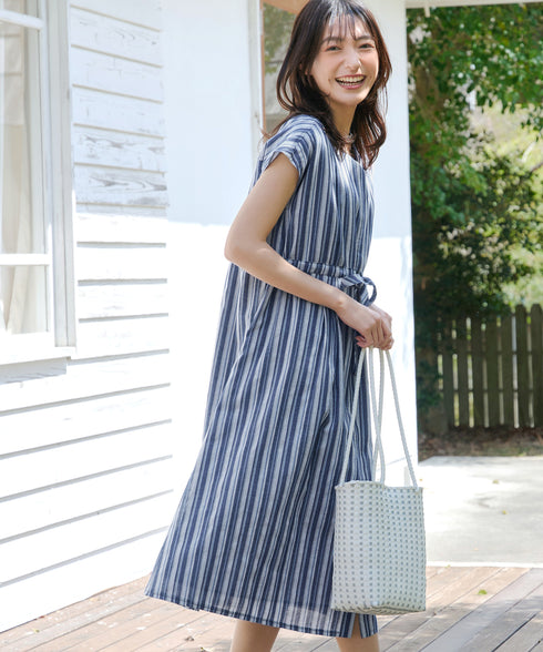 麻調前開きフレンチワンピース