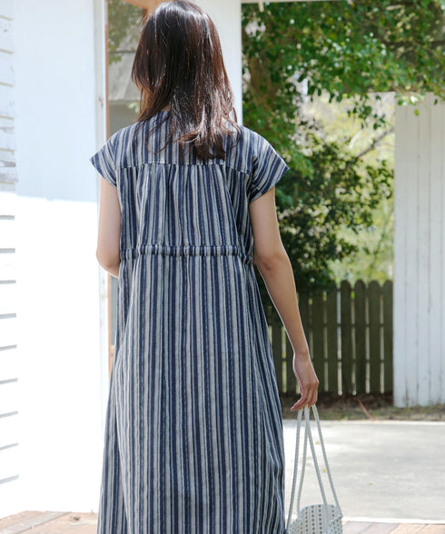 麻調前開きフレンチワンピース