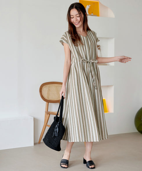 麻調前開きフレンチワンピース