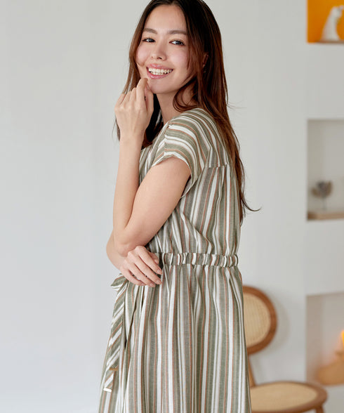 麻調前開きフレンチワンピース