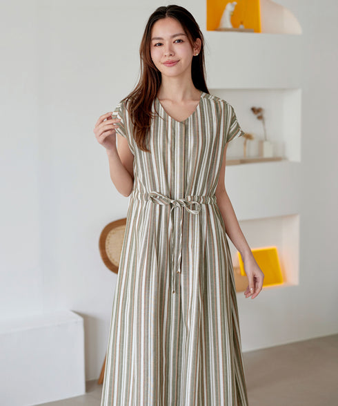 麻調前開きフレンチワンピース