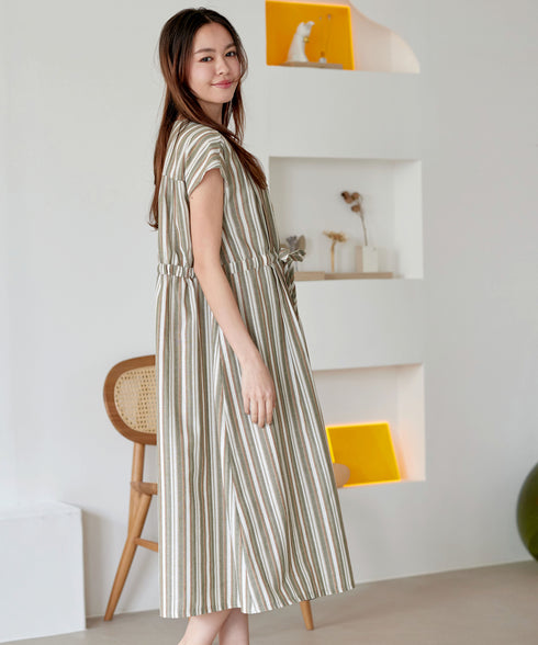 麻調前開きフレンチワンピース