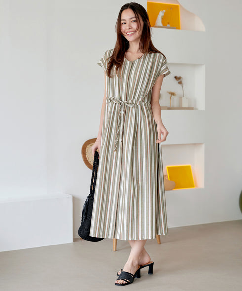 麻調前開きフレンチワンピース