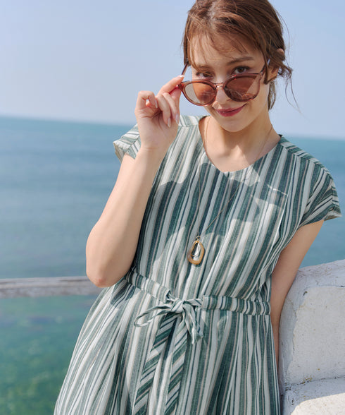 麻調前開きフレンチワンピース