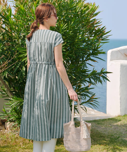 麻調前開きフレンチワンピース