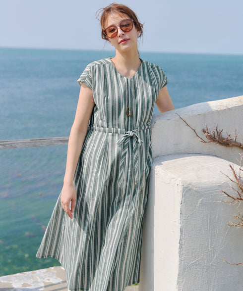 麻調前開きフレンチワンピース