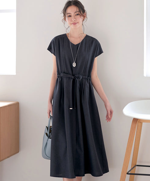 麻調前開きフレンチワンピース