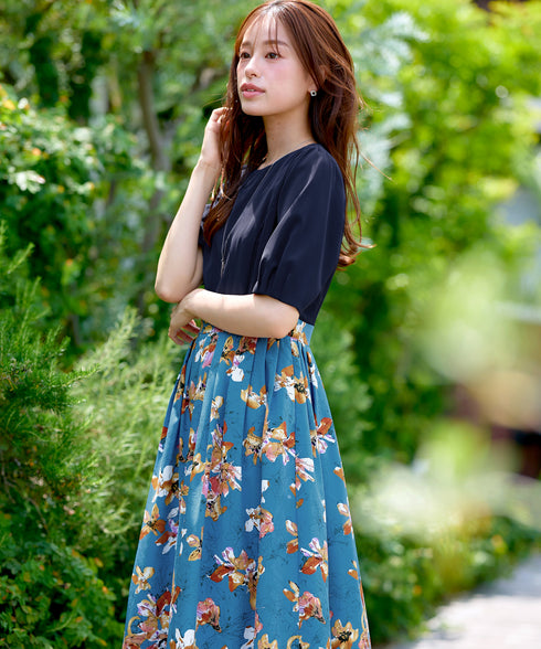 フラワープリントドッキングワンピース