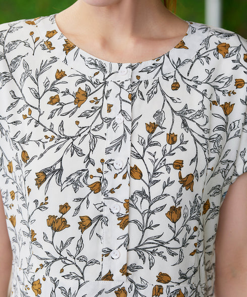 リーフフラワー柄ワンピース