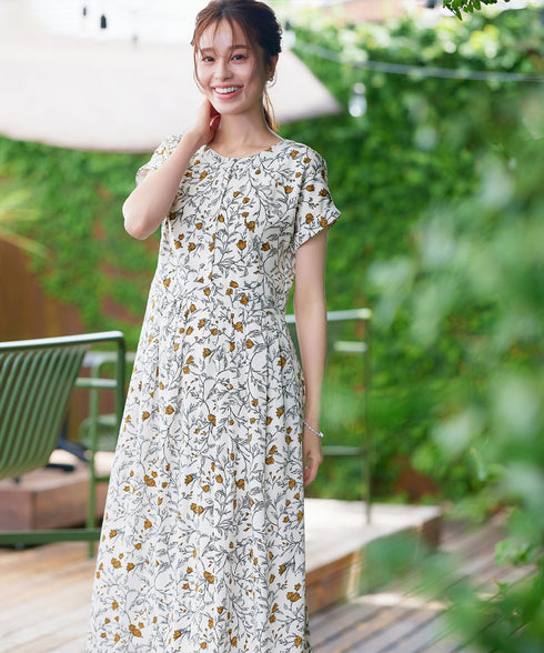 リーフフラワー柄ワンピース