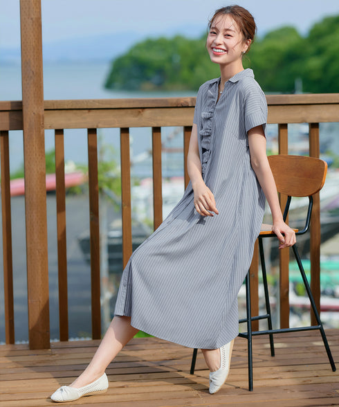 ストライプフリルシャツワンピース