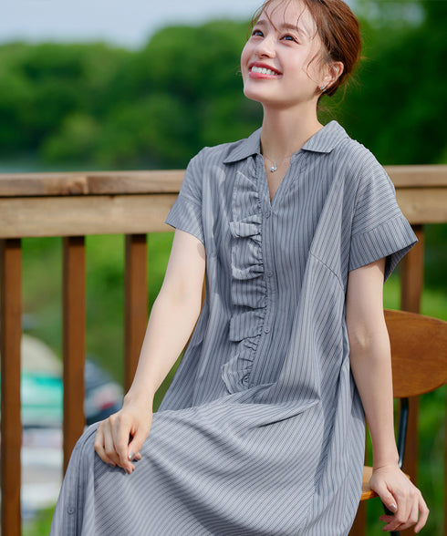 ストライプフリルシャツワンピース