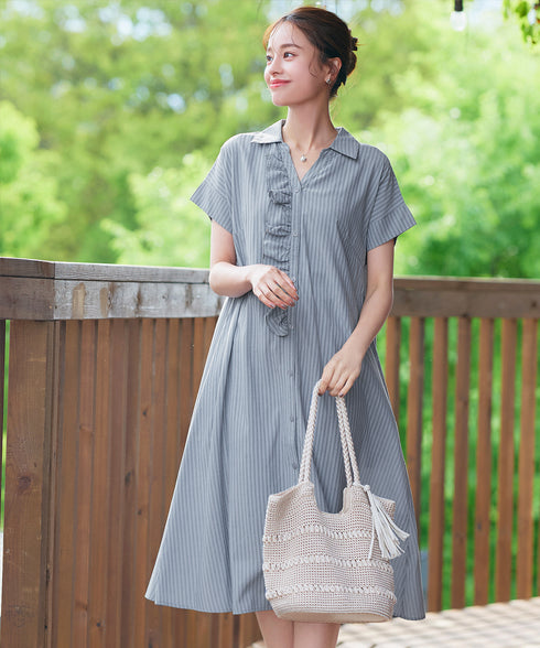ストライプフリルシャツワンピース
