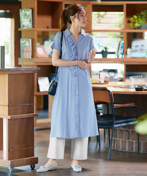 ストライプフリルシャツワンピース