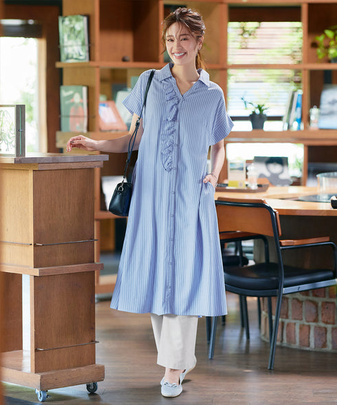 ストライプフリルシャツワンピース