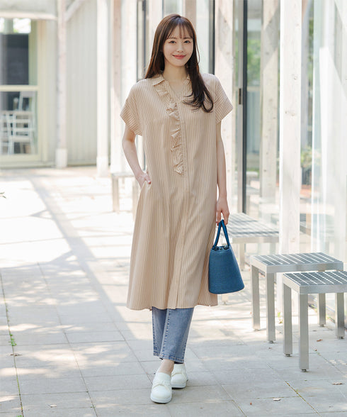ストライプフリルシャツワンピース