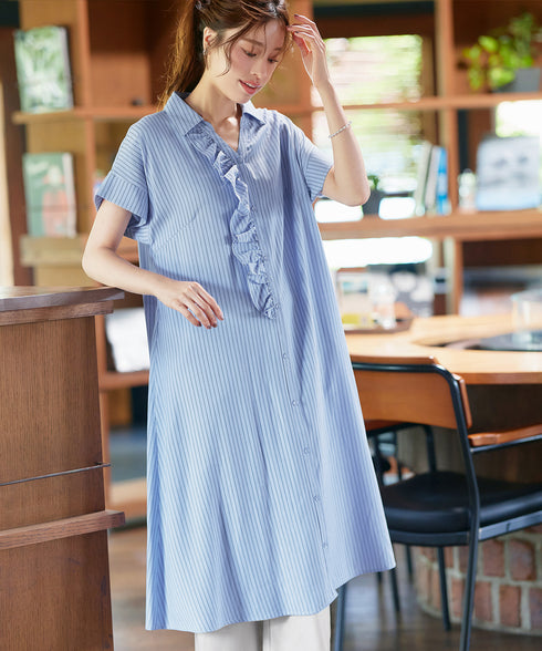 ストライプフリルシャツワンピース