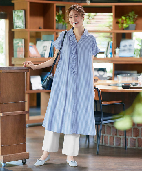 ストライプフリルシャツワンピース