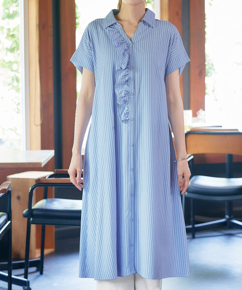 ストライプフリルシャツワンピース