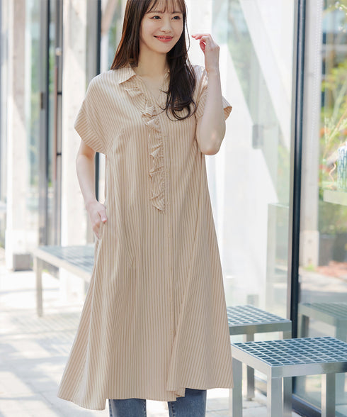 ストライプフリルシャツワンピース