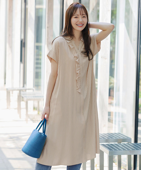 ストライプフリルシャツワンピース