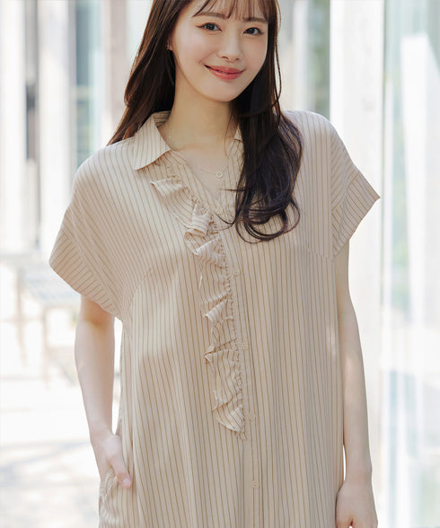 ストライプフリルシャツワンピース