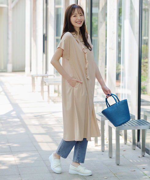 ストライプフリルシャツワンピース