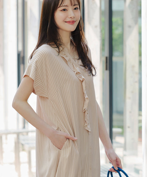 ストライプフリルシャツワンピース