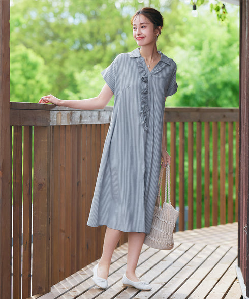 ストライプフリルシャツワンピース