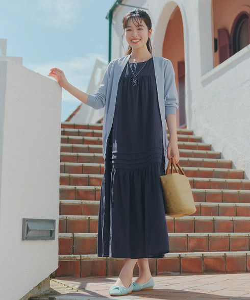 【洗える】麻調ピンタックロングワンピース