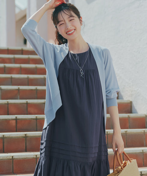【洗える】麻調ピンタックロングワンピース