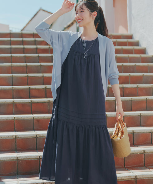 【洗える】麻調ピンタックロングワンピース
