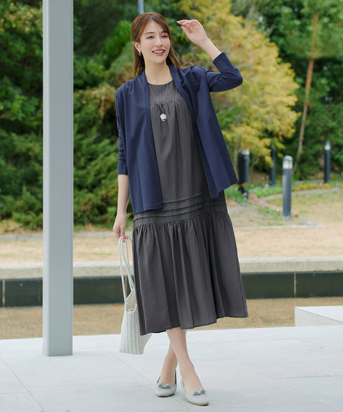【洗える】麻調ピンタックロングワンピース