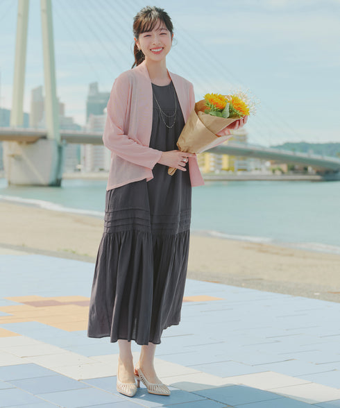 【洗える】麻調ピンタックロングワンピース