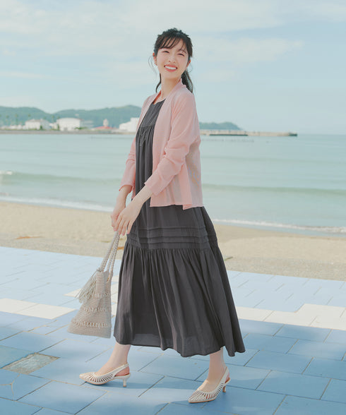 【洗える】麻調ピンタックロングワンピース