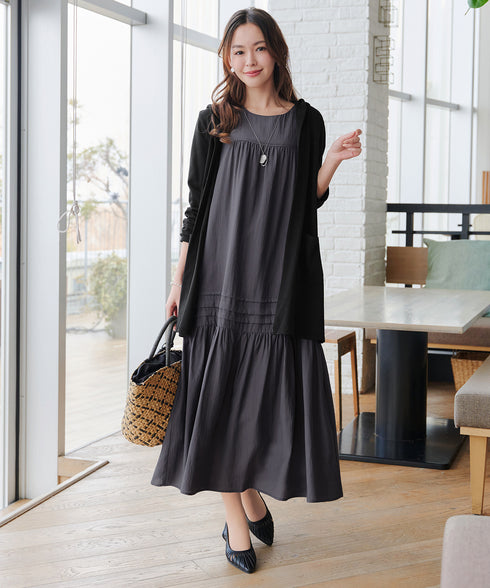 【洗える】麻調ピンタックロングワンピース