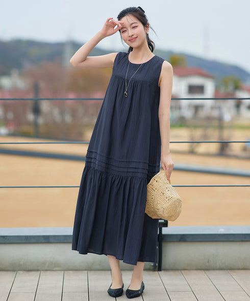 【洗える】麻調ピンタックロングワンピース