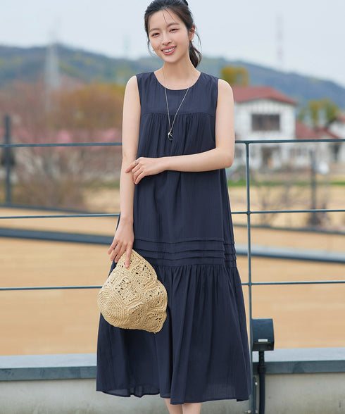 【洗える】麻調ピンタックロングワンピース
