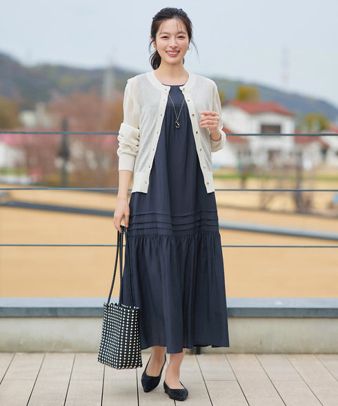 【洗える】麻調ピンタックロングワンピース