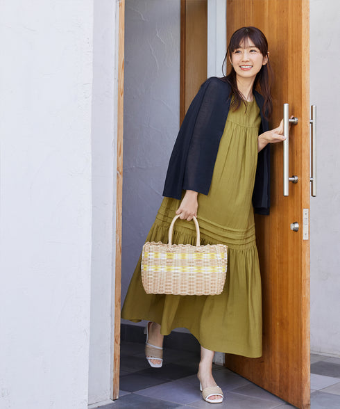 【小倉優子さん着用・洗える・XSサイズ】麻調ピンタックロングワンピース