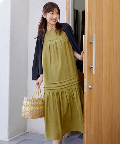 【小倉優子さん着用・洗える・XSサイズ】麻調ピンタックロングワンピース