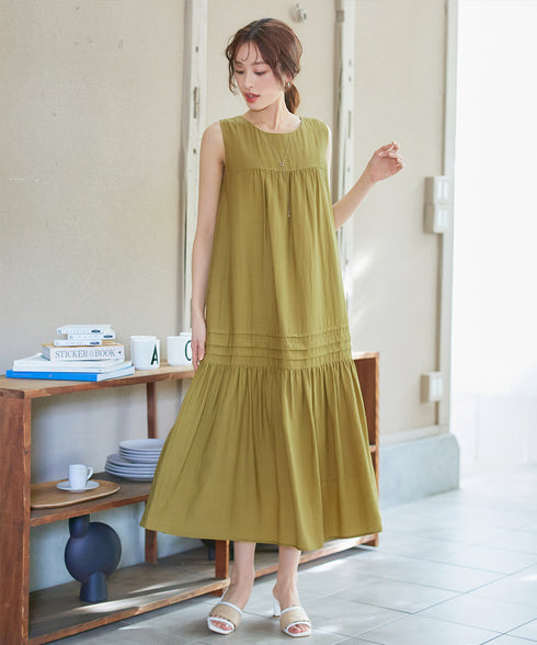 【小倉優子さん着用・洗える・XSサイズ】麻調ピンタックロングワンピース