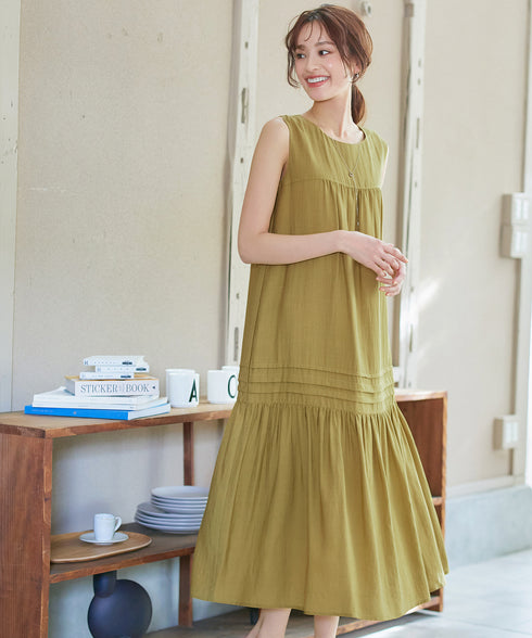 【洗える】麻調ピンタックロングワンピース